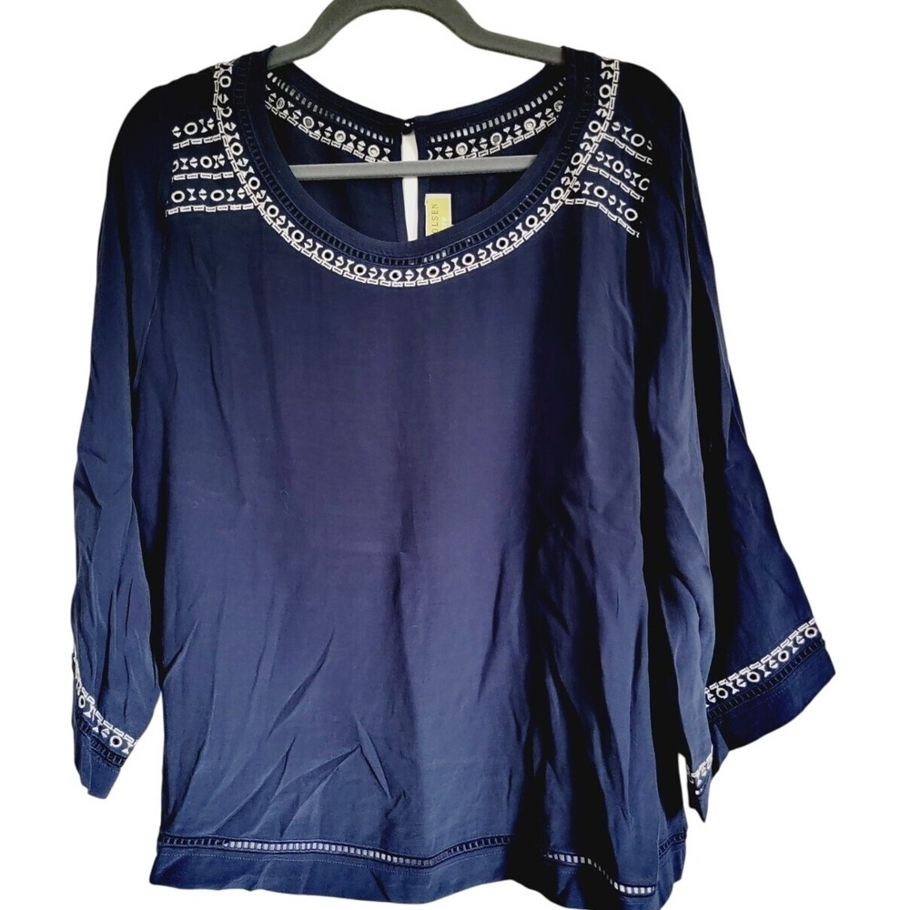 Sigrid Olsen L Top Shirt‎ Blouse Dark Blue White Eyelet Trim Vintage NWT $129